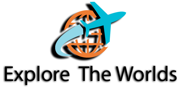 Cartoon blue plane flying around cartoon orange globe: Explore The Worlds 