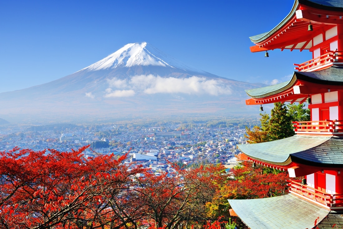 Mount Fuji overlooking Japanese city